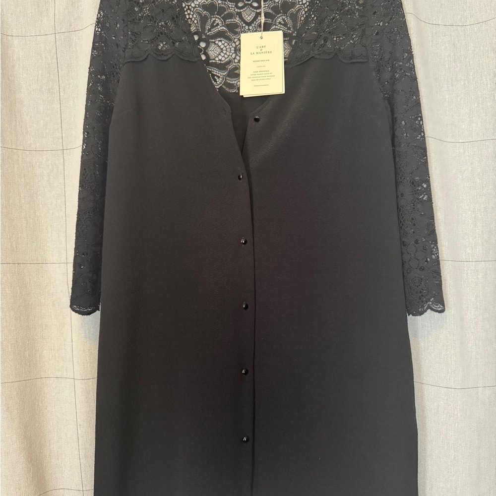 Sezane Black Button Naima Dress with lace yoke, never worn, size 34
